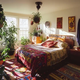 Sunlit Bedroom with Colorful Quilt and Plants