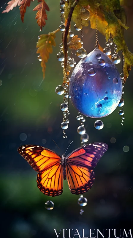 Butterfly on Raindrop: A Fantastical Landscape in Indigo and Amber AI Image