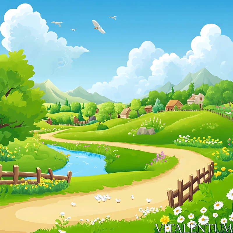 AI ART Cartoon Countryside Scene with Winding Path