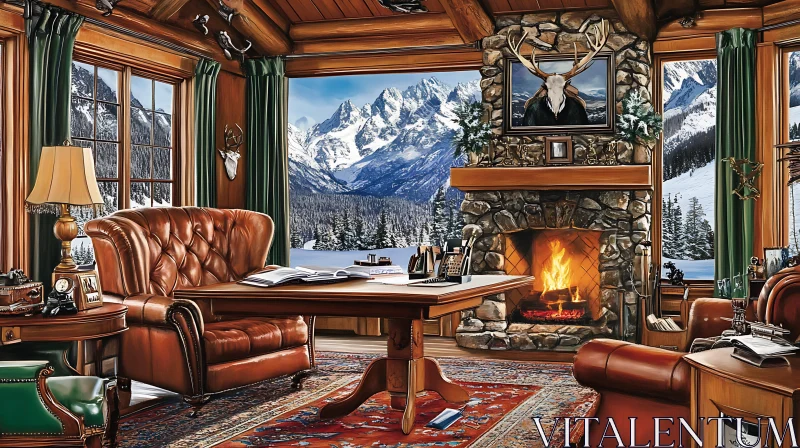 AI ART Warm Room with Fireplace and Snowy Peaks