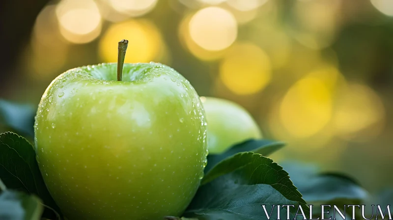 Green Apple with Dew on Leaves AI Image