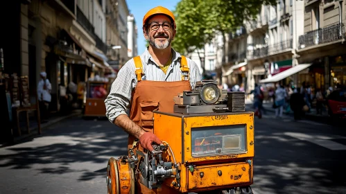 Man with Antique Camera in Urban Setting