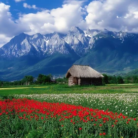 Rustic Cabin in Mountain Flower Field