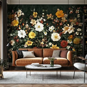 Living Room with Floral Wallpaper