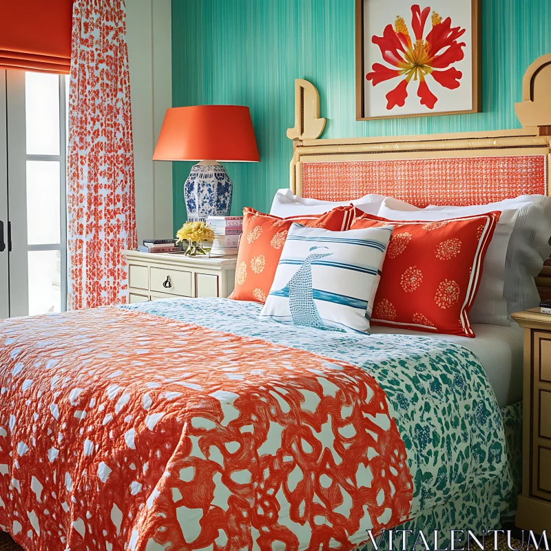 Warm Bedroom Interior Design with Colorful Patterns AI Image