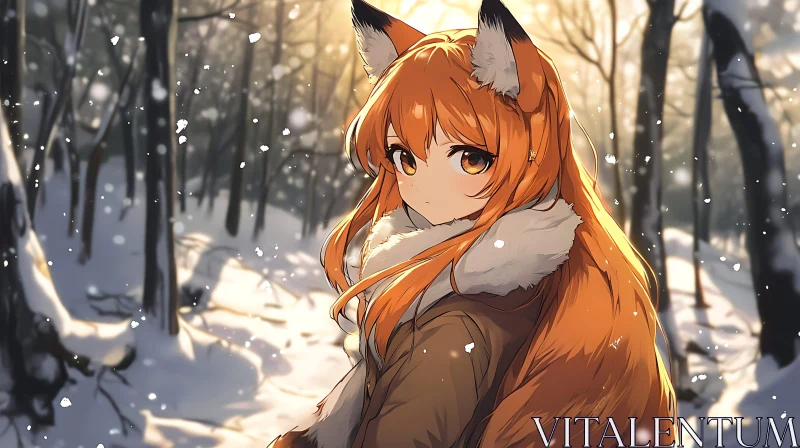 Anime Fox Girl in Snowy Forest AI Image