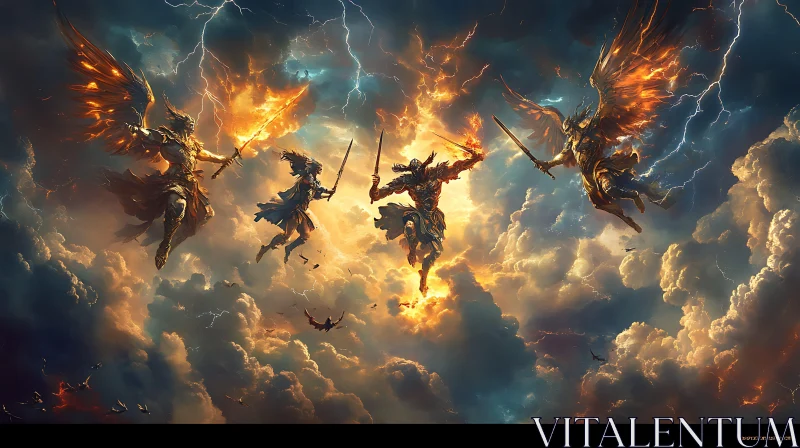 AI ART Angels with Fiery Swords in Thunderstorm