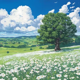 Tranquil Meadow Scene with Daisies and Tree