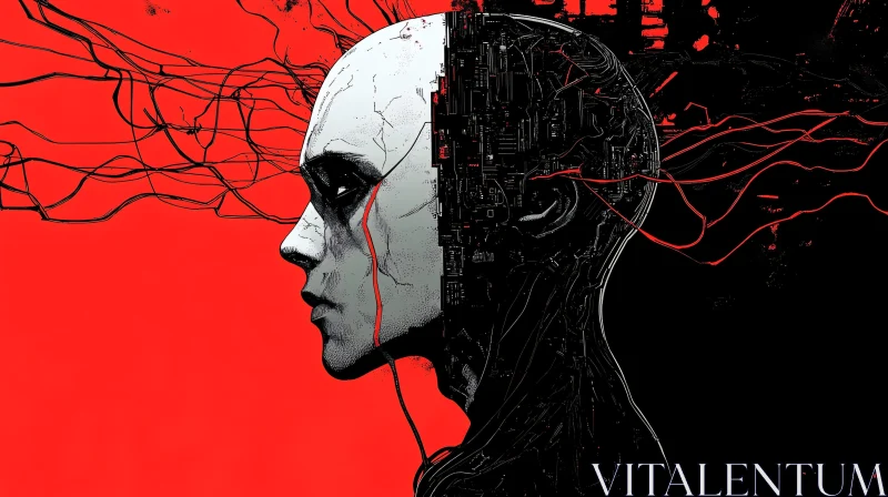 Cyborg Profile Art with Red and Black Background AI Image