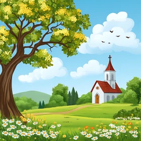 Pastoral Church Scene with Flowers