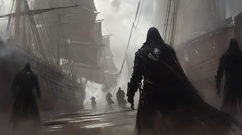 Dark Harbor Scene with Cloaked Figures