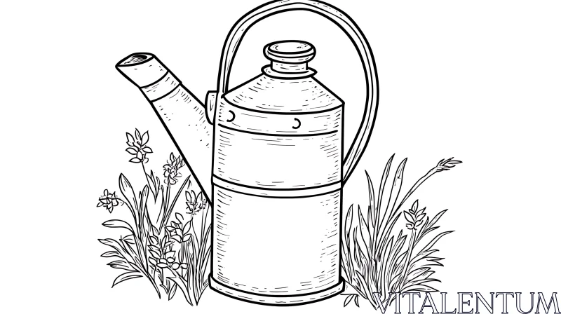 Monochrome Watering Can and Floral Illustration AI Image