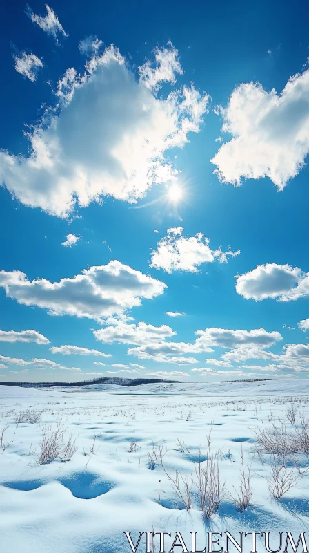 Snowy Field Under Blue Sky AI Image