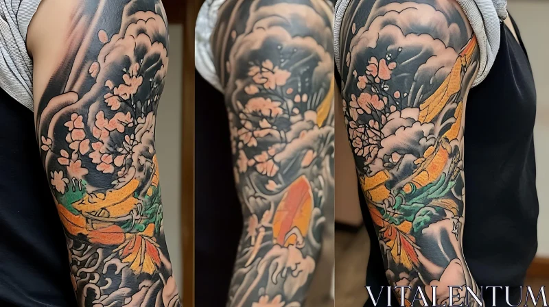 Detailed Koi Fish and Waves Tattoo AI Image