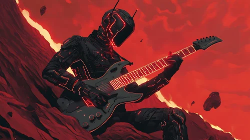 Cyborg Guitarist in Alien Landscape