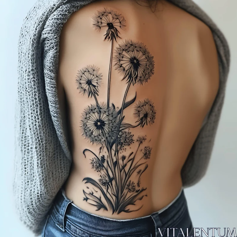 Detailed Dandelion Back Tattoo in Monochrome AI Image