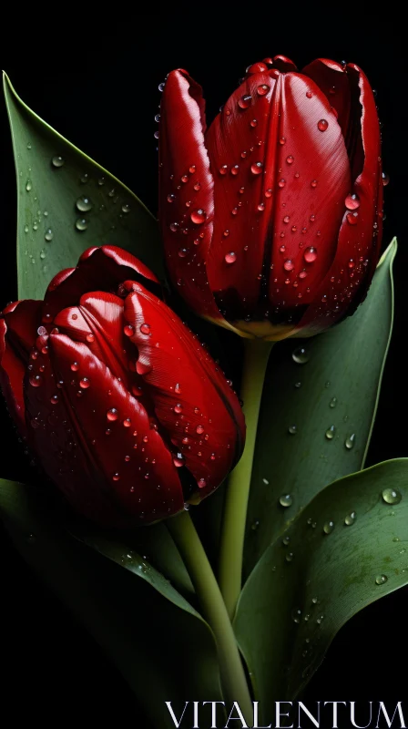 Elegant Red Tulips with Water Droplets on Black Background AI Image