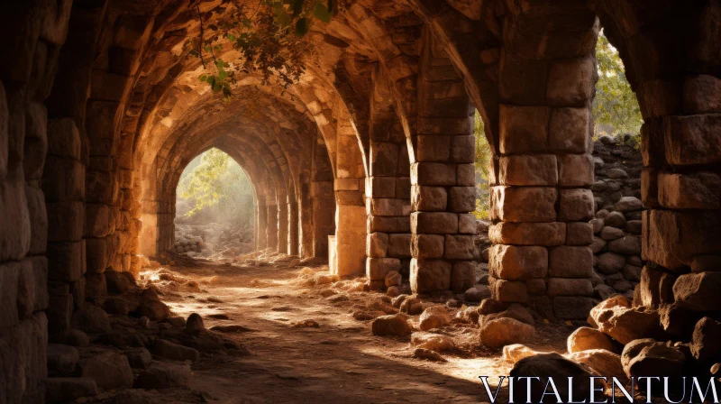 Enchanting Stone Walkway: A Romantic Backlit Ruin AI Image