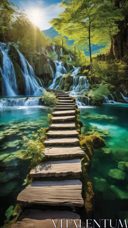 AI ART Enchanting Wooden Path Leading to a Majestic Waterfall
