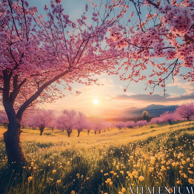 AI ART Blossom Trees in Golden Light Landscape