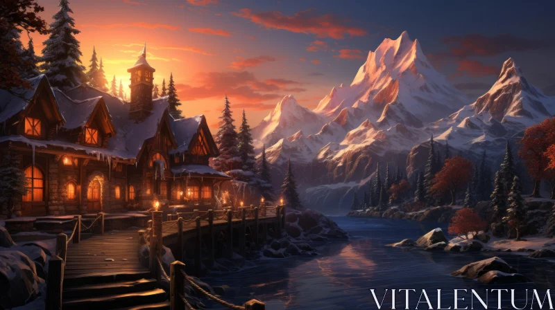 Romantic Winter Mountain Village at Sunset AI Image