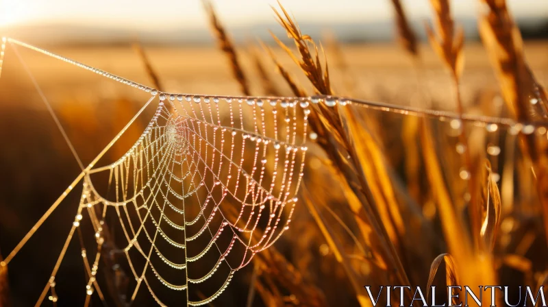 Spider Web in Wheat Field at Sunset AI Image
