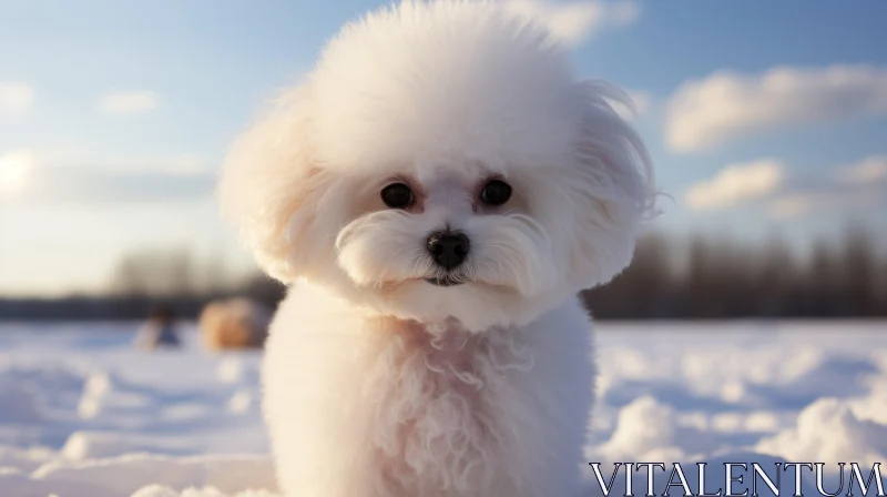 White Dog in Snow Under Blue Skies - Elegance Captured AI Image