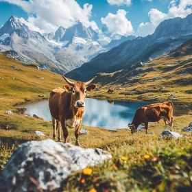 Alpine Pasture Cows Serene Mountain Lake