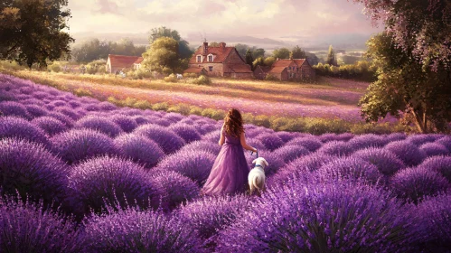 Woman and Dog in Lavender Landscape