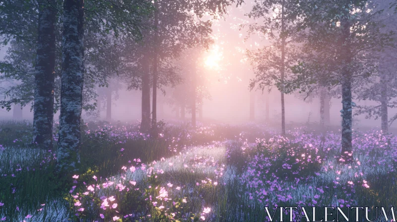 AI ART Misty Morning in Blooming Forest