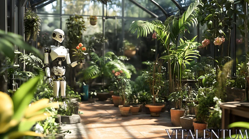 Technological Bloom: Robot in Botanical Garden AI Image