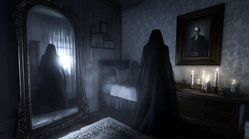 Ghostly Figure in Dark Room with Mirror