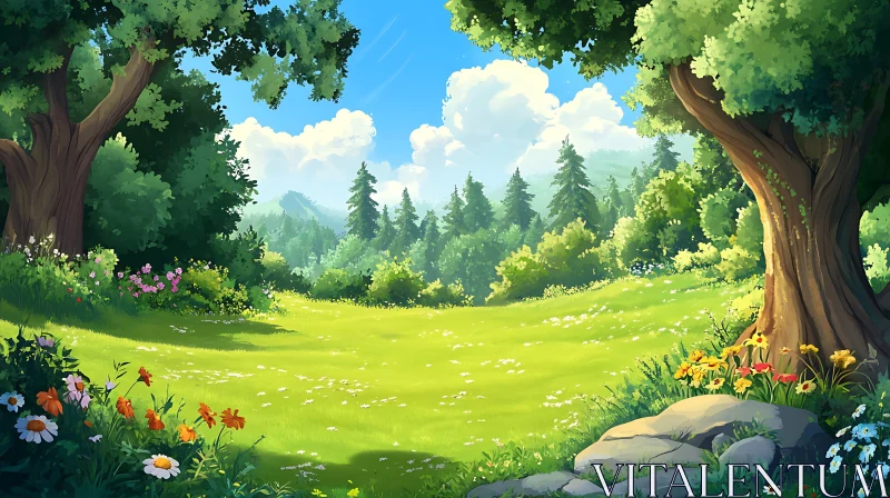 AI ART Sunny Meadow with Trees and Flowers