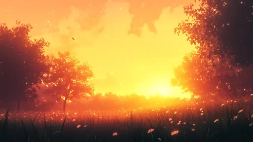 Peaceful Sunset Landscape with Flowers