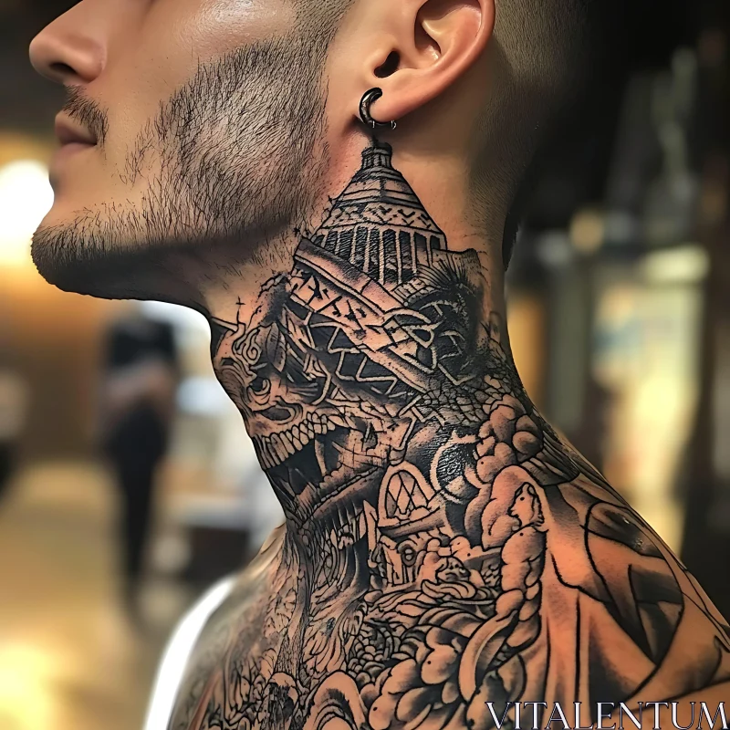 Detailed Blackwork Neck Tattoo Art AI Image