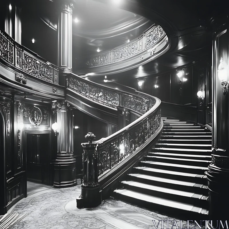 AI ART Monochrome Opulence: A Winding Staircase Study