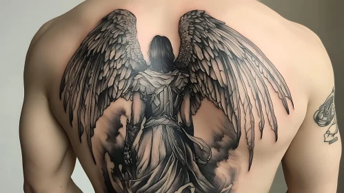 Grayscale Angel Tattoo Back Art