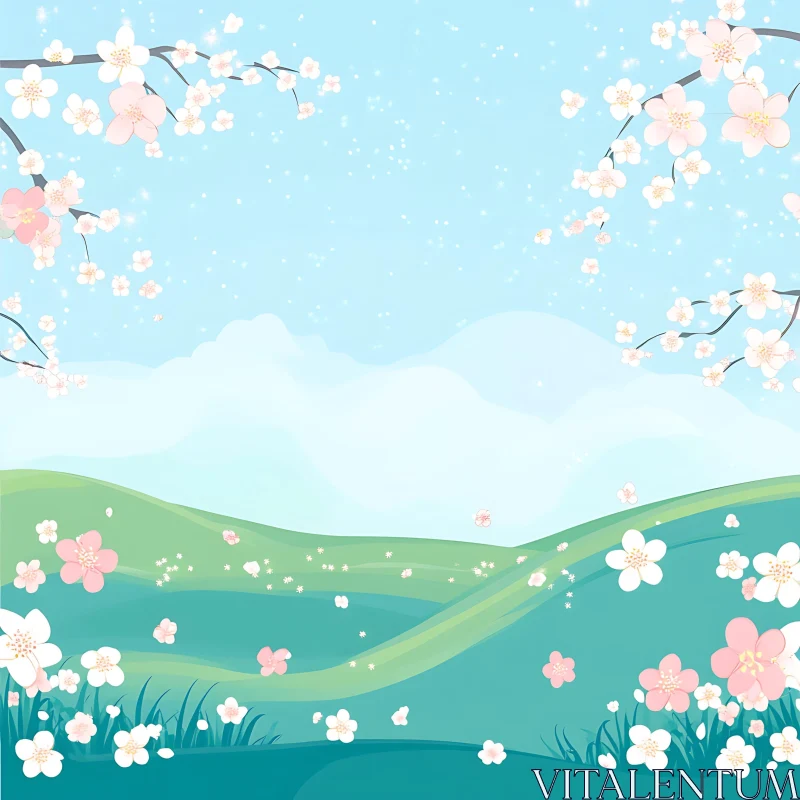 Spring Meadow with Blossoms AI Image