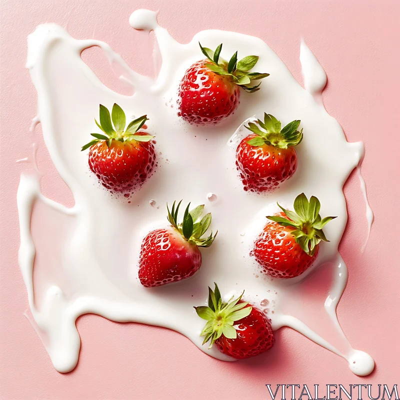 Ripe Strawberries in Milk on Pink Surface AI Image