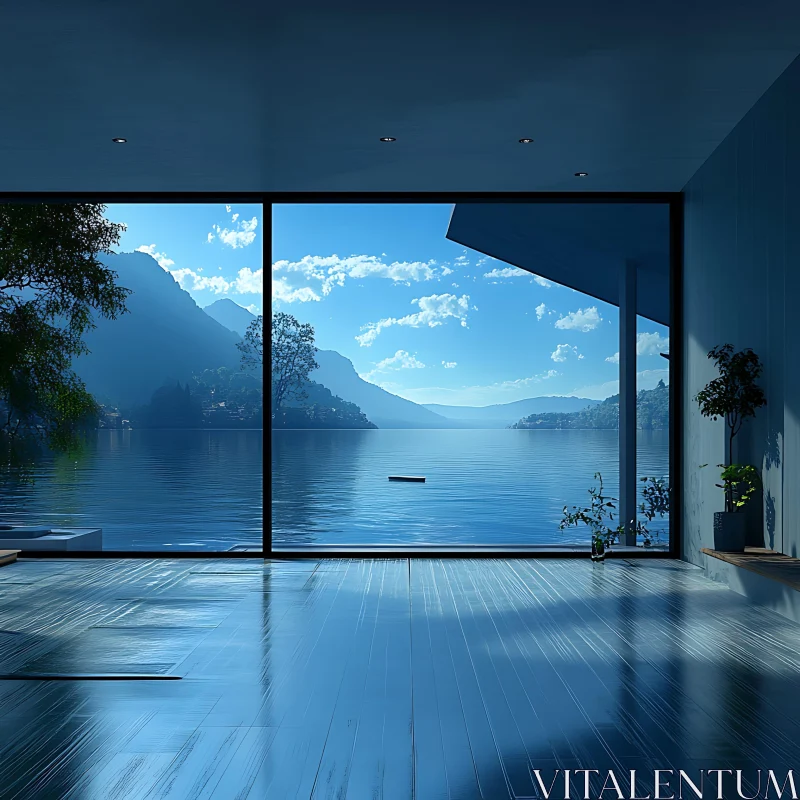 Lake House Interior with Scenic View AI Image