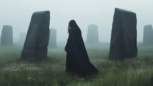 Misty Stone Circle with Dark Figure