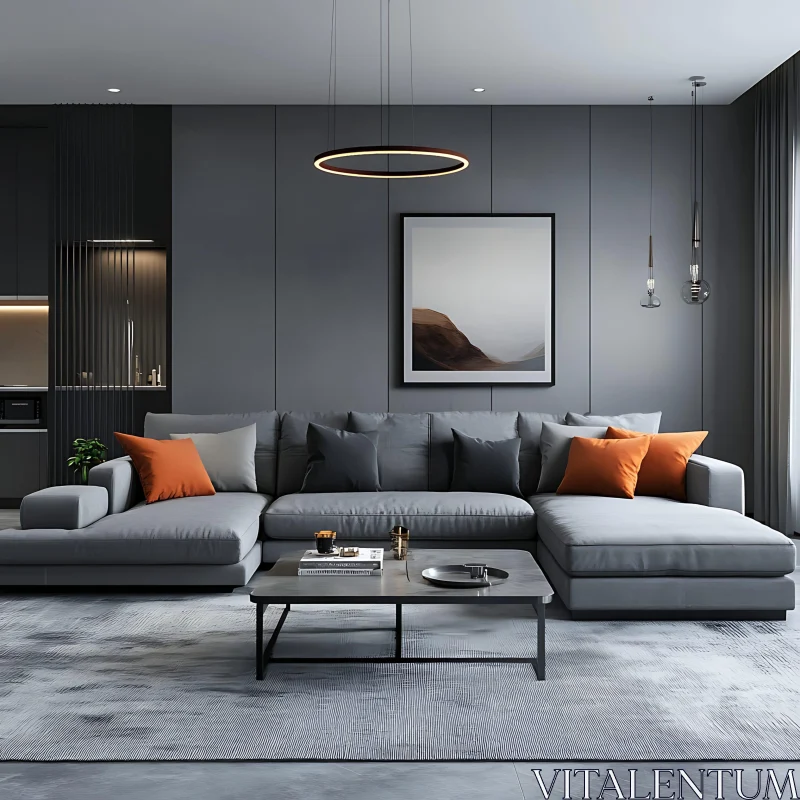 Sleek Interior with Grey Sofa and Accents AI Image