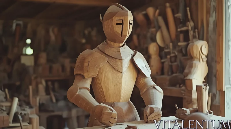 Carved Wooden Knight Armor Display AI Image