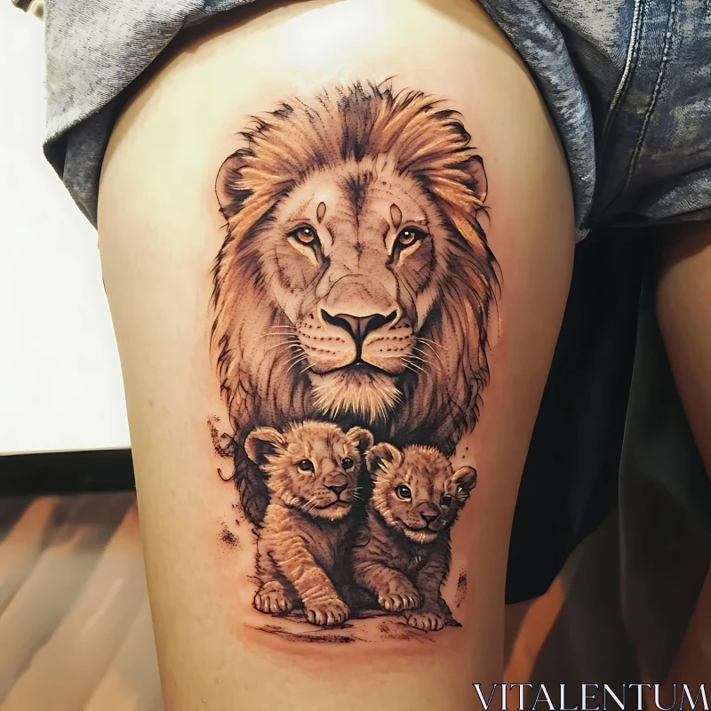 Lion with Cubs Tattoo Art on Thigh AI Image