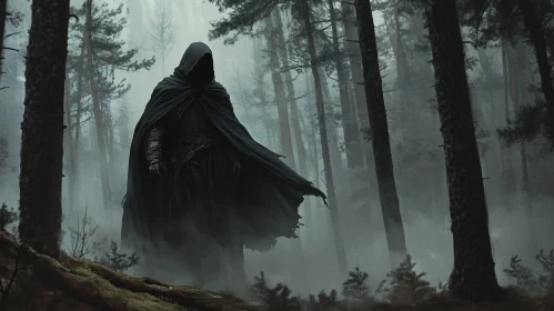 Cloaked Figure in Misty Woods