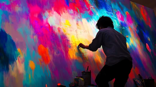 Man Painting Abstract Art with Colorful Strokes