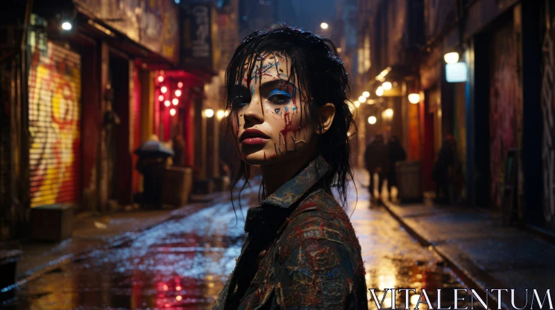 Dystopian Cityscape: Woman with Face Paint in Alley AI Image