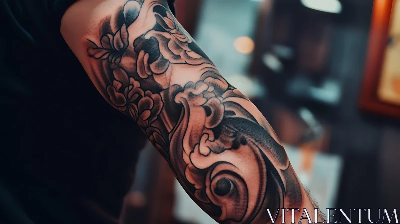 Intricate Black Ink Floral Arm Tattoo AI Image