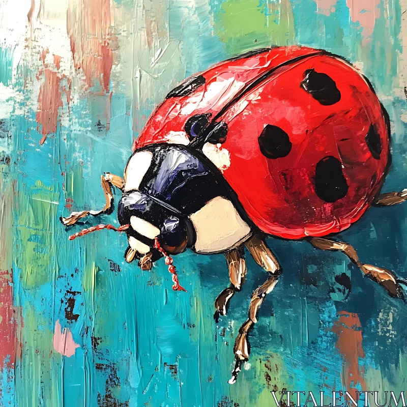 Red Ladybug on Blue Background Painting AI Image