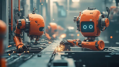 Industrial Robots Welding in a Factory